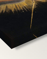 The Ancient of Days by William Blake on stretched canvas, corner close-up: the painting mirror-wrapped round the sides