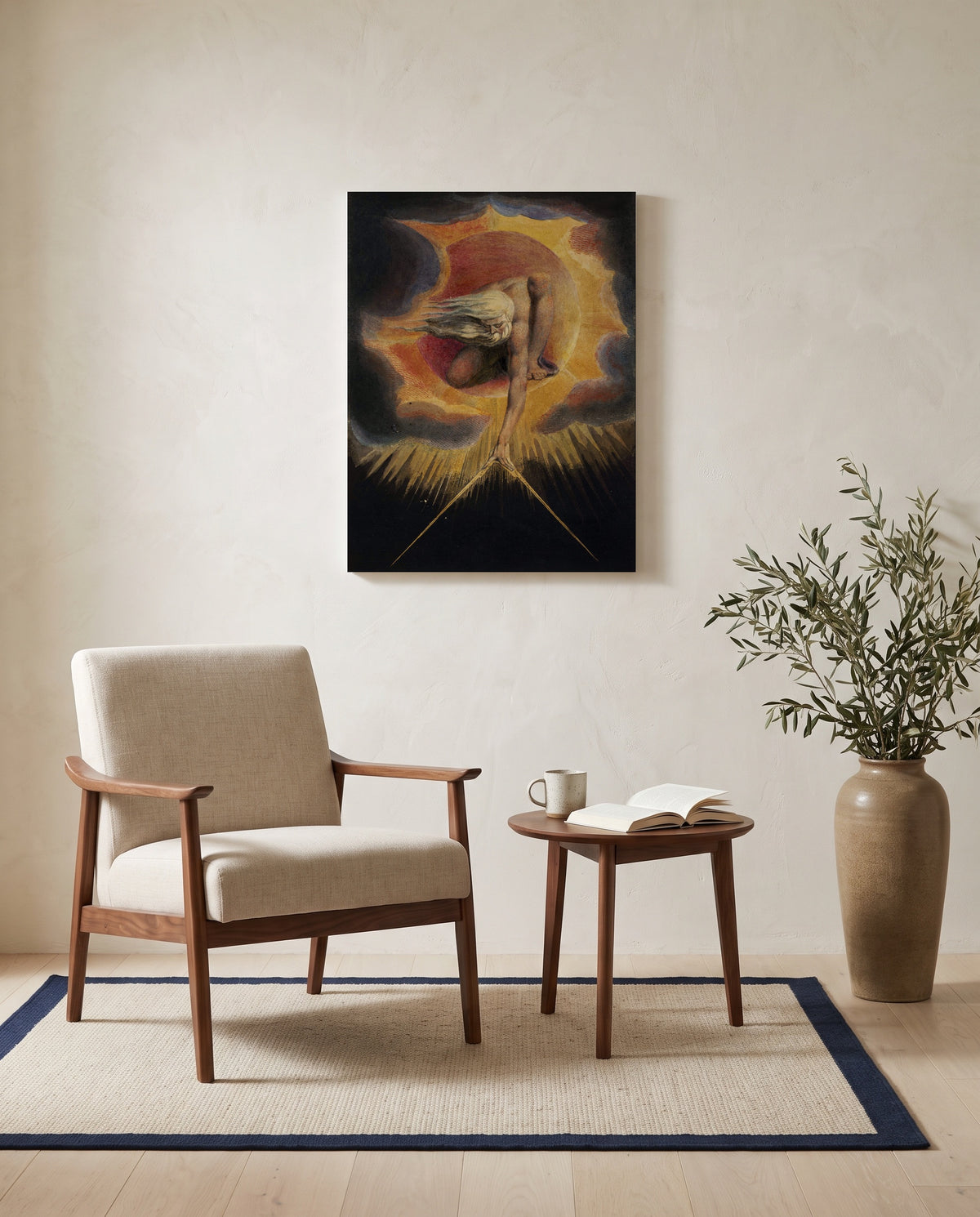 The Ancient of Days by William Blake as a stretched canvas above a linen lounge chair in a reading corner