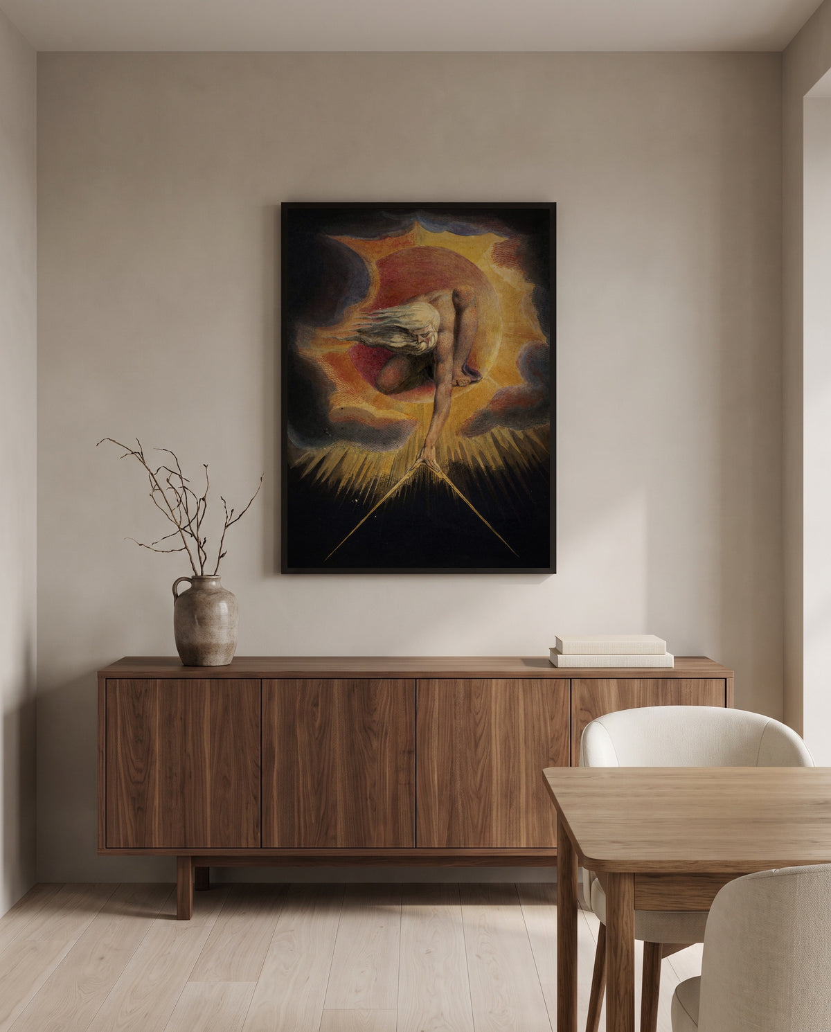 The Ancient of Days by William Blake in a black frame above a walnut sideboard in a dining room