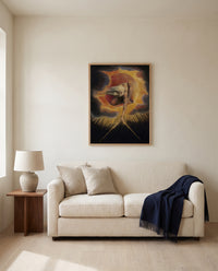 The Ancient of Days by William Blake framed in natural oak above a cream sofa in a warm living room