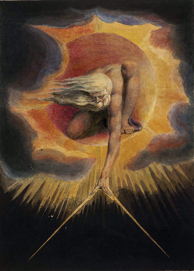 The Ancient of Days by William Blake: a bearded old man crouched in a golden sun, holding a compass down into the dark