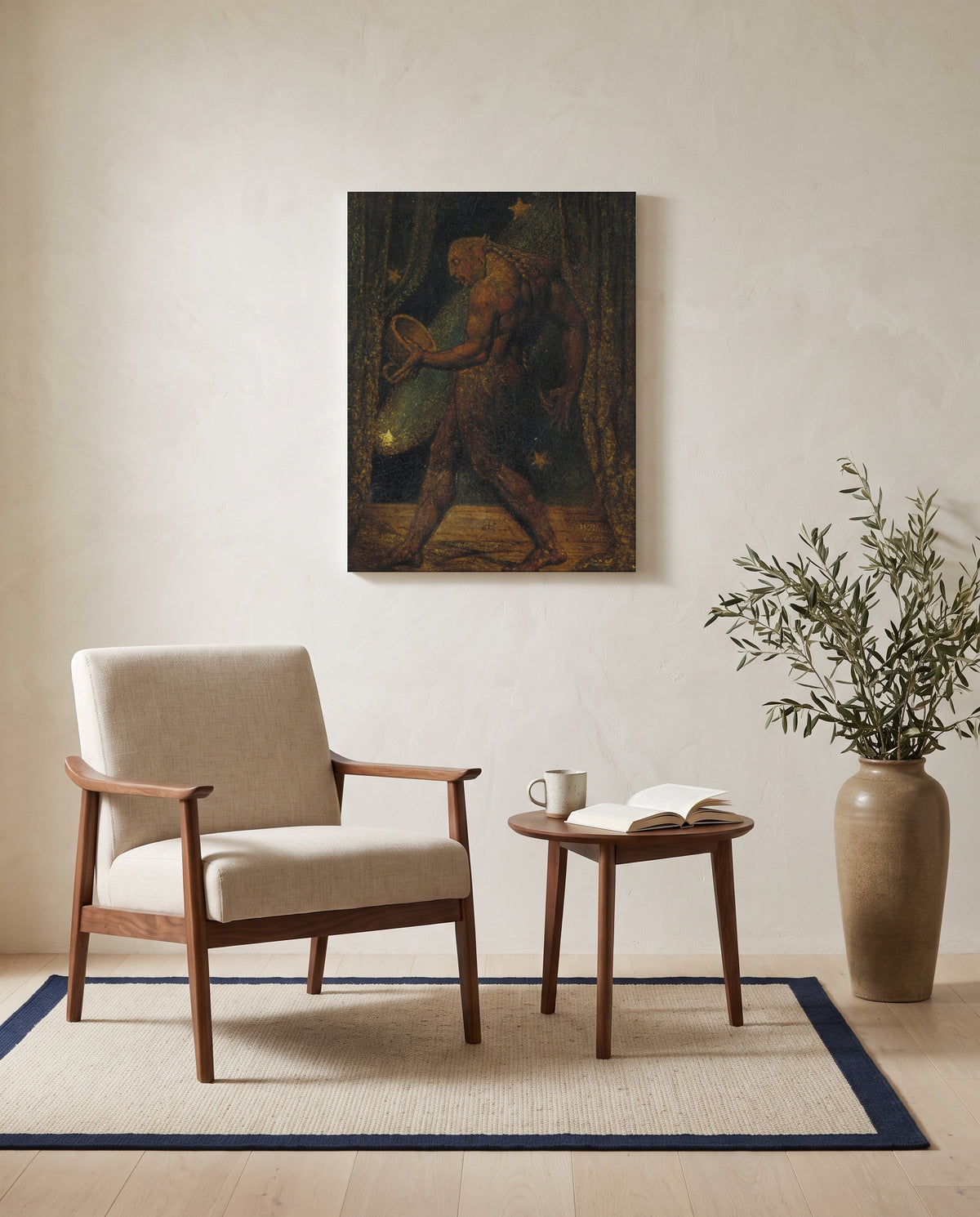 The Ghost of a Flea by William Blake as a stretched canvas above a linen lounge chair in a reading corner