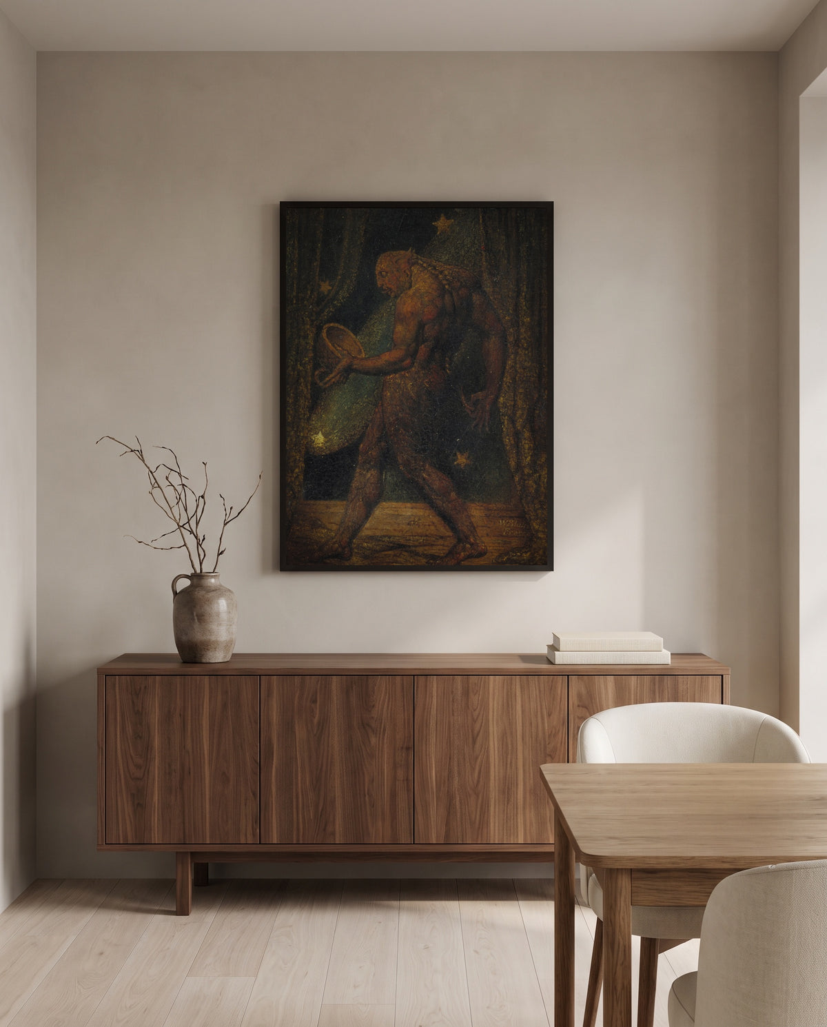 The Ghost of a Flea by William Blake in a black frame above a walnut sideboard in a dining room