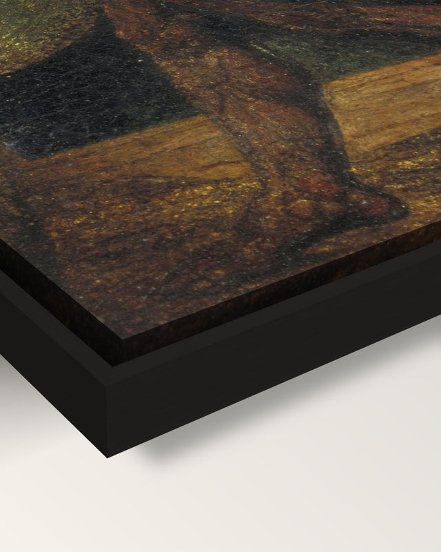 The Ghost of a Flea by William Blake framed canvas, corner close-up: black floating frame, painted edge in the shadow gap