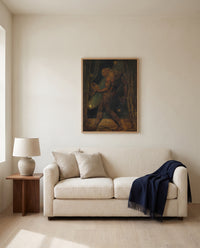 The Ghost of a Flea by William Blake framed in natural oak above a cream sofa in a warm living room