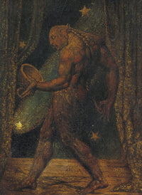 The Ghost of a Flea by William Blake: a scaly muscular creature with its tongue out, holding a cup, between stage curtains
