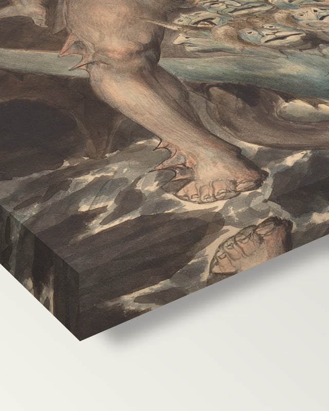 Dragon and the Beast by William Blake on stretched canvas, corner close-up: the painting mirror-wrapped round the sides