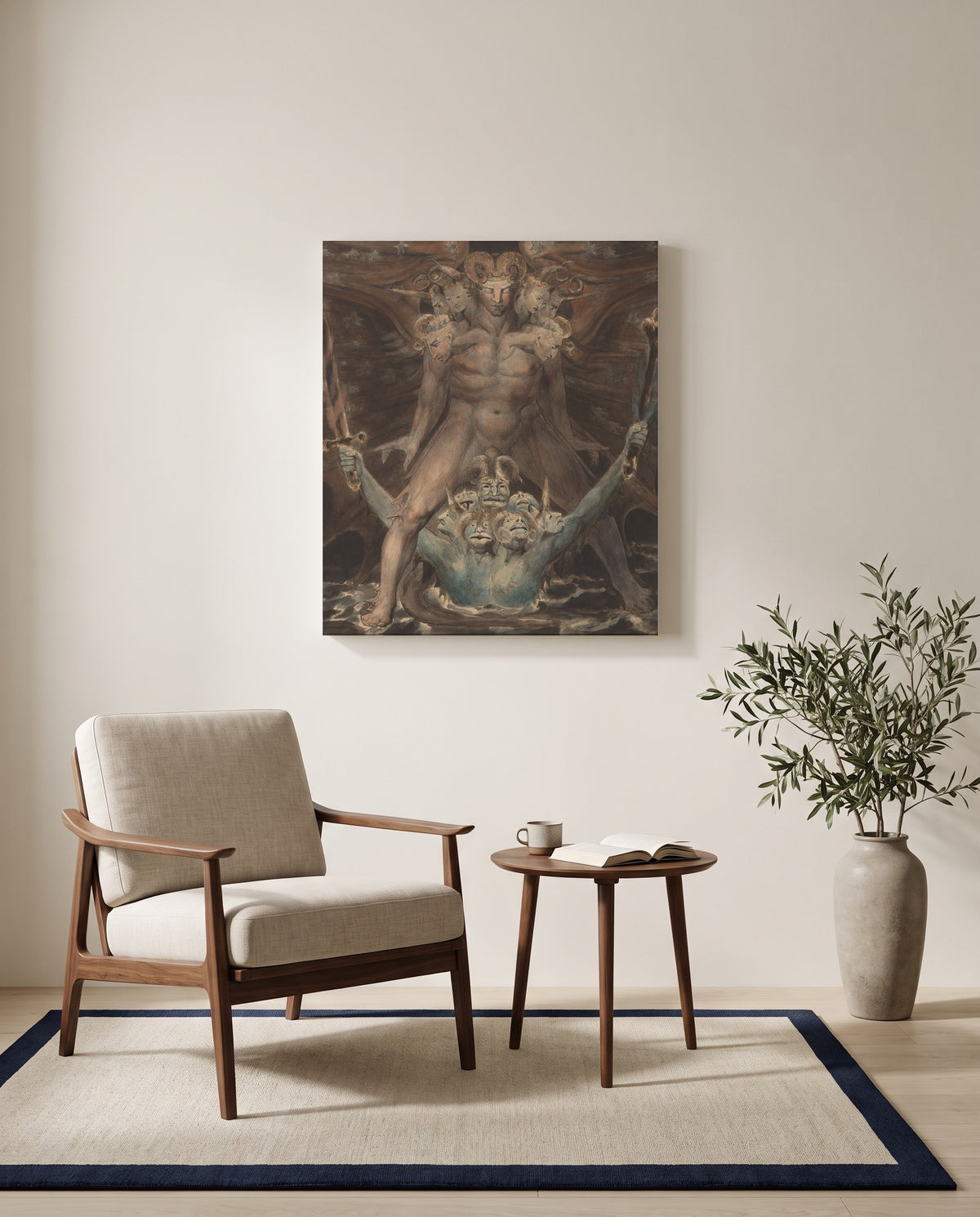 Dragon and the Beast by William Blake as a stretched canvas above a linen lounge chair in a reading corner