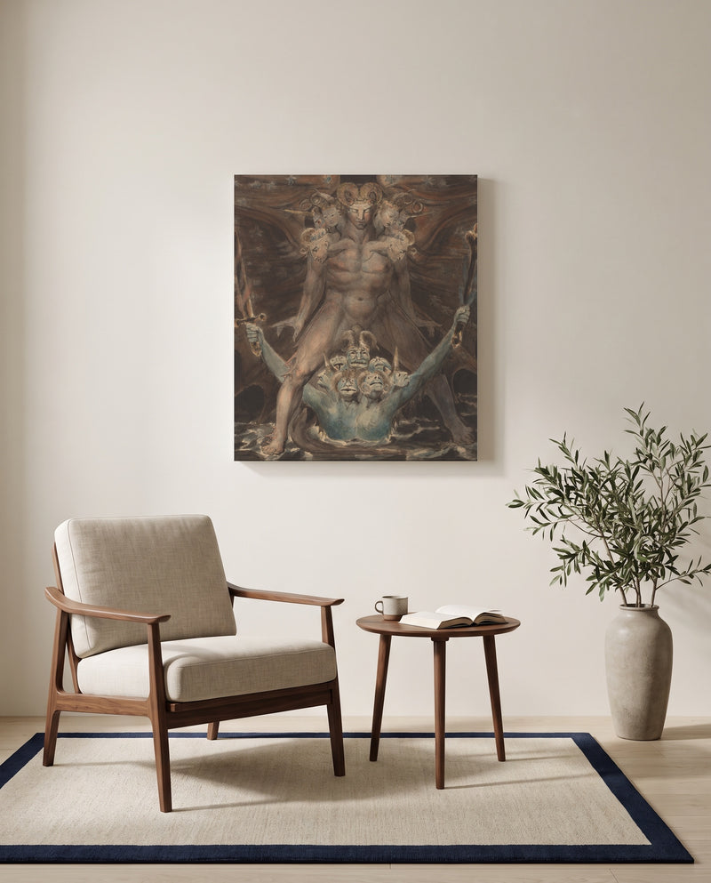 Dragon and the Beast by William Blake as a stretched canvas above a linen lounge chair in a reading corner
