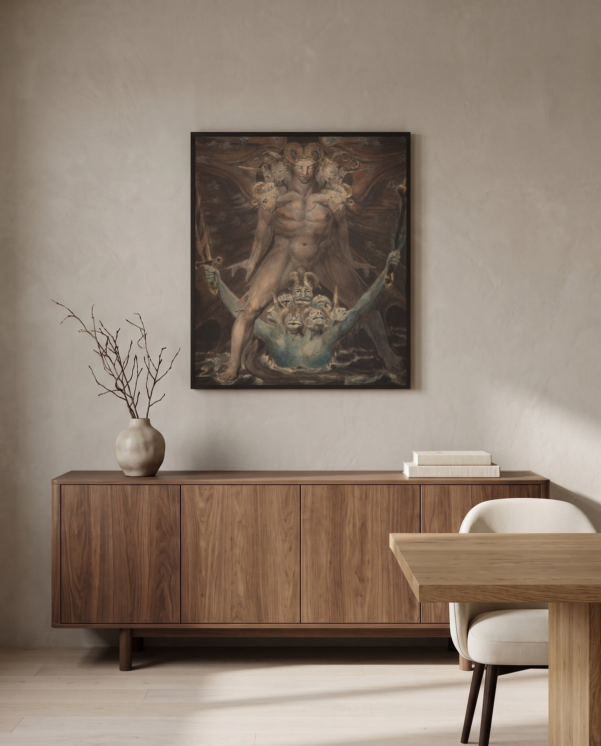 Dragon and the Beast by William Blake in a black frame above a walnut sideboard in a dining room
