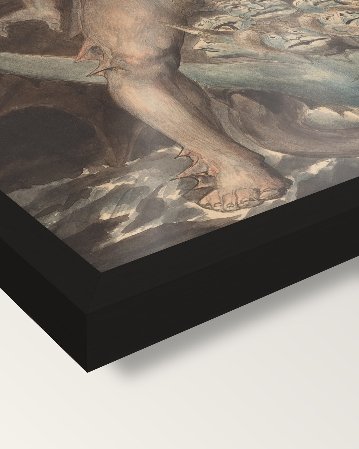 Dragon and the Beast by William Blake framed print, corner close-up: black moulding, edge to edge under plexiglass, no mat