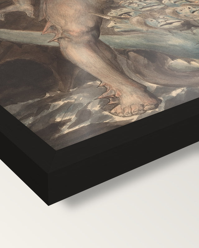 Dragon and the Beast by William Blake framed print, corner close-up: black moulding, edge to edge under plexiglass, no mat