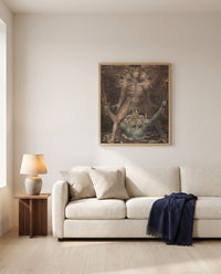 Dragon and the Beast by William Blake framed in natural oak above a cream sofa in a warm living room