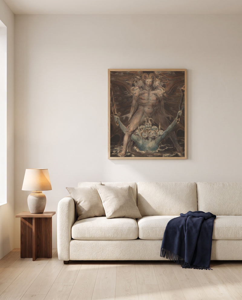 Dragon and the Beast by William Blake framed in natural oak above a cream sofa in a warm living room