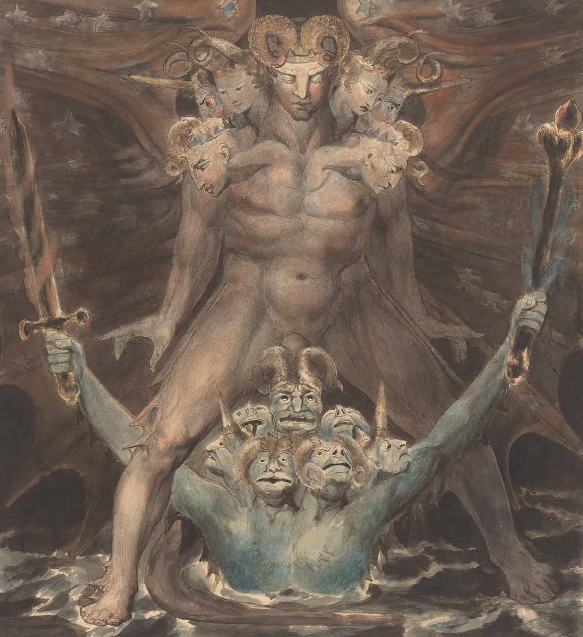 The Great Red Dragon and the Beast from the Sea by William Blake: a horned dragon-man holds a sword and sceptre over a beast