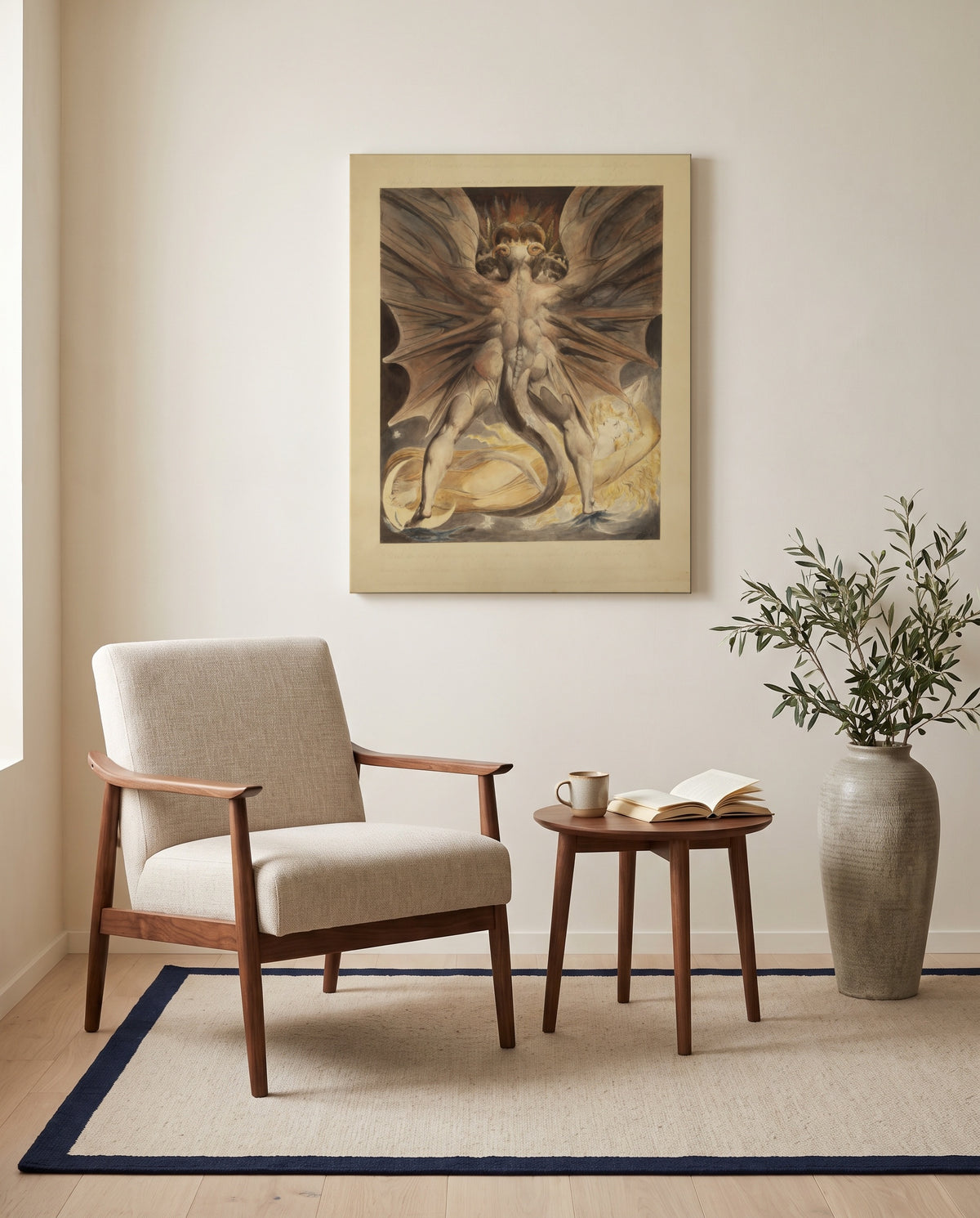 The Great Red Dragon by William Blake as a stretched canvas above a linen lounge chair in a reading corner