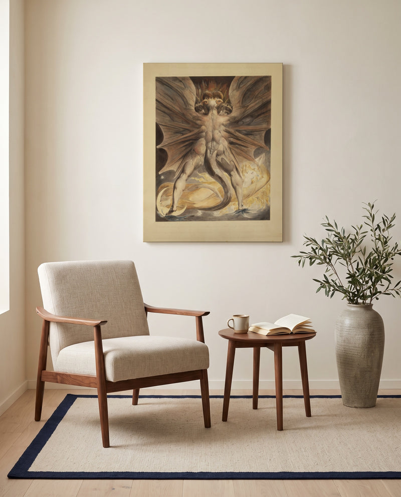 The Great Red Dragon by William Blake as a stretched canvas above a linen lounge chair in a reading corner