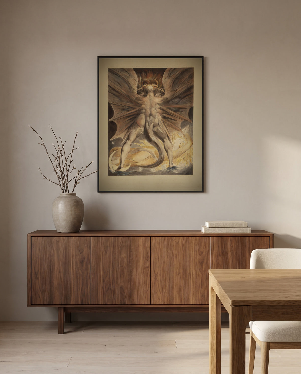 The Great Red Dragon by William Blake in a black frame above a walnut sideboard in a dining room