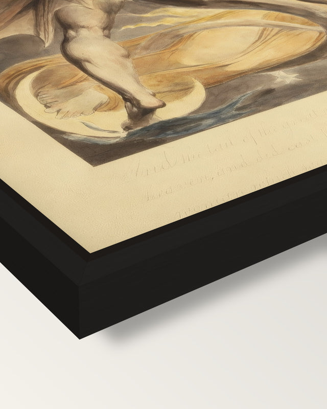 The Great Red Dragon by Blake framed canvas, corner close-up: a black floating frame with a shadow gap round the canvas