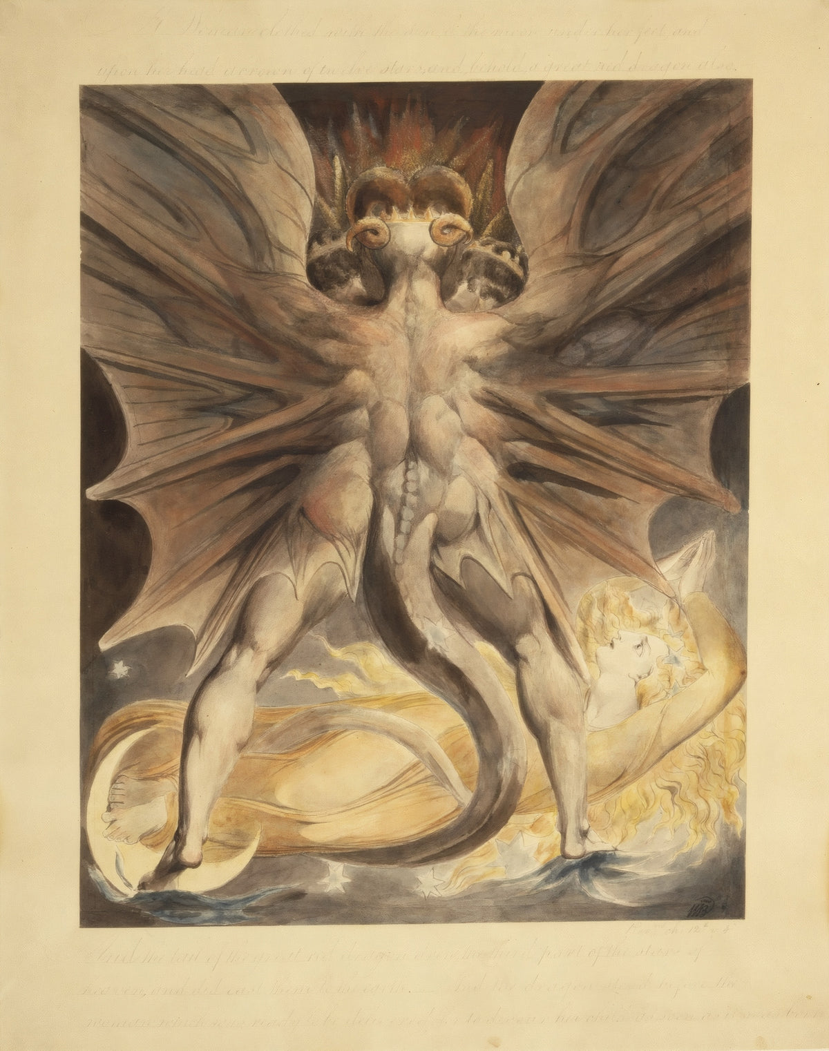 The Great Red Dragon by William Blake: a winged dragon-man seen from behind, standing over a woman wrapped in golden light