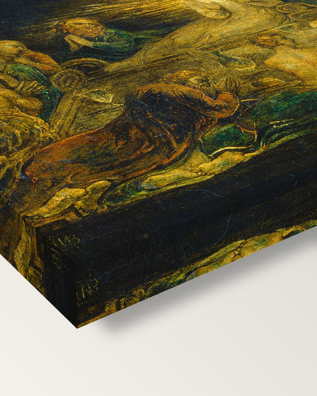 The Last Supper by William Blake on stretched canvas, corner close-up: the painting mirror-wrapped round the sides