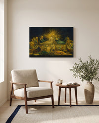 The Last Supper by William Blake as a stretched canvas above a linen lounge chair in a reading corner