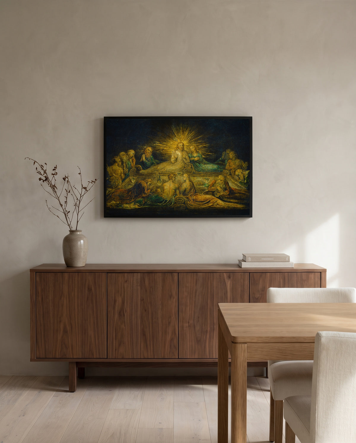 The Last Supper by William Blake in a black frame above a walnut sideboard in a dining room