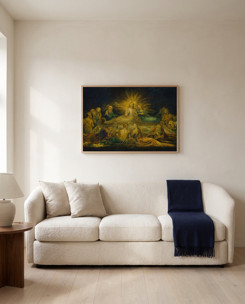 The Last Supper by William Blake framed in natural oak above a cream sofa in a warm living room