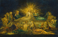 The Last Supper by William Blake: Jesus in a burst of gold light at a long table, disciples reclining around him