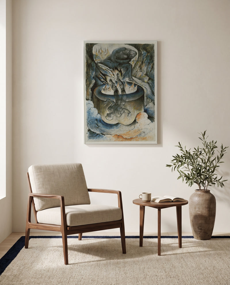 The Simoniac Pope by William Blake as a stretched canvas above a linen lounge chair in a reading corner