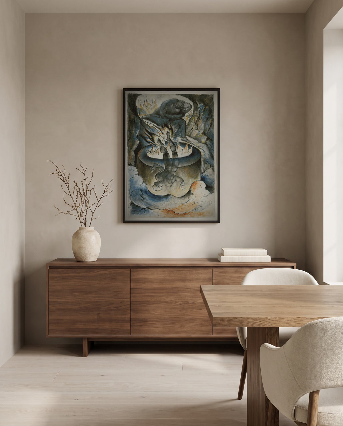 The Simoniac Pope by William Blake in a black frame above a walnut sideboard in a dining room