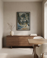 The Simoniac Pope by William Blake in a black frame above a walnut sideboard in a dining room