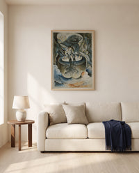The Simoniac Pope by William Blake framed in natural oak above a cream sofa in a warm living room
