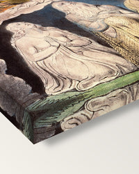 Morning Stars Sang Together by Blake on stretched canvas, corner close-up: the painting mirror-wrapped round the sides