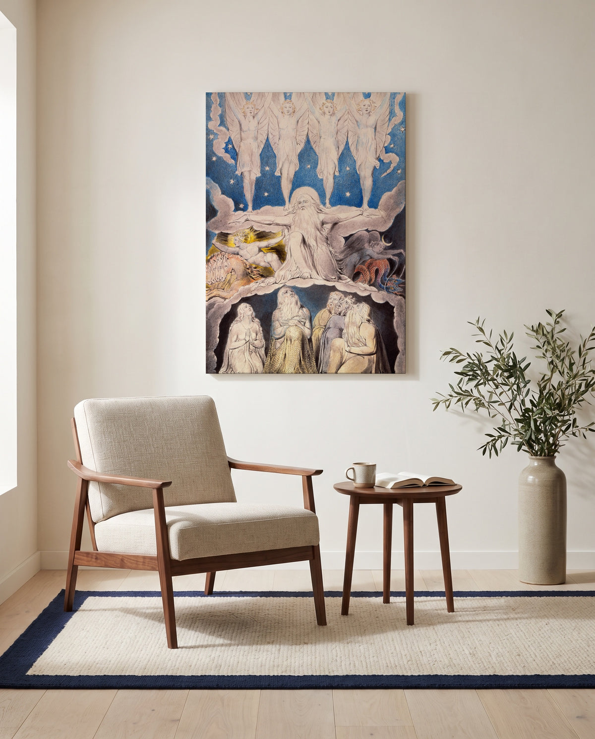 Morning Stars Sang Together by William Blake as a stretched canvas above a linen lounge chair in a reading corner