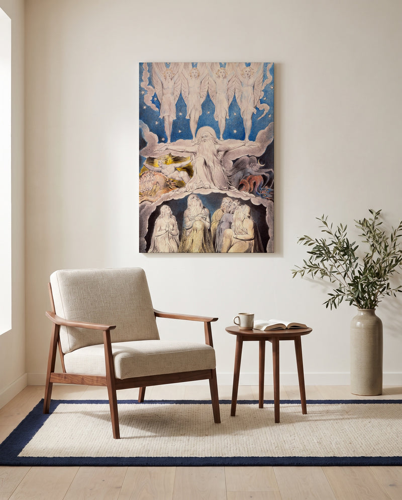 Morning Stars Sang Together by William Blake as a stretched canvas above a linen lounge chair in a reading corner