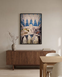 Morning Stars Sang Together by William Blake in a black frame above a walnut sideboard in a dining room