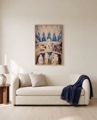 Morning Stars Sang Together by William Blake framed in natural oak above a cream sofa in a warm living room