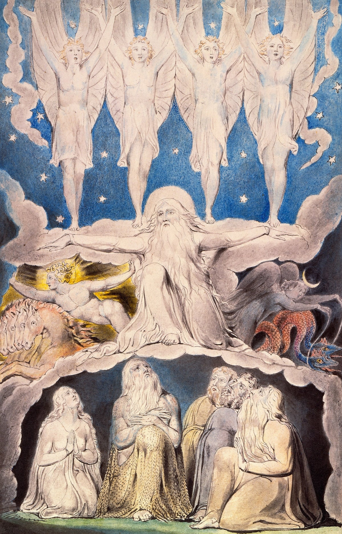 When the Morning Stars Sang Together by William Blake: four winged angels, arms raised, in a starry sky above God