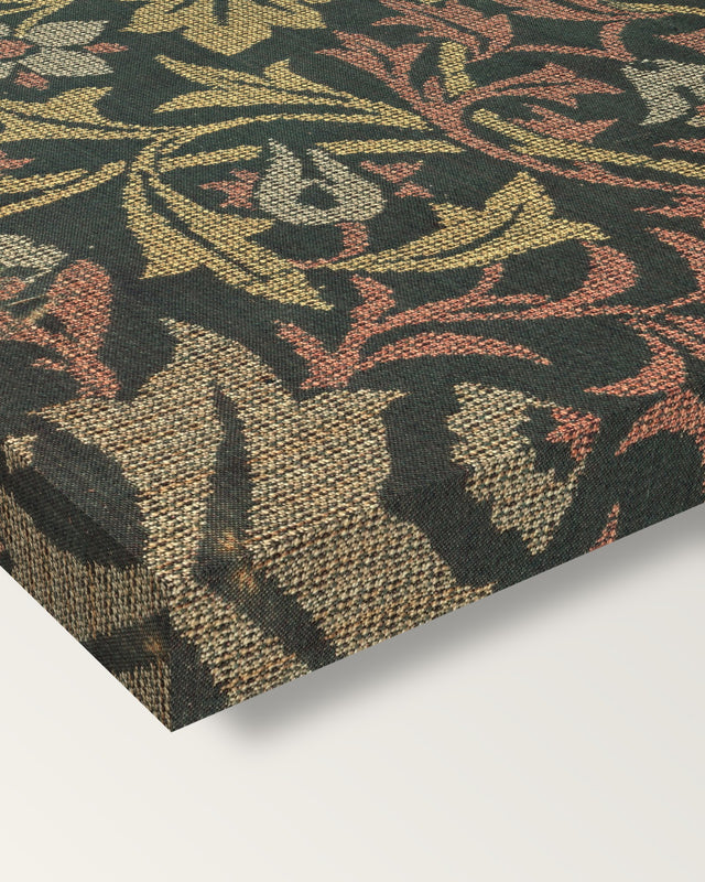 Flower Garden by William Morris on stretched canvas, corner close-up: the painting mirror-wrapped round the sides