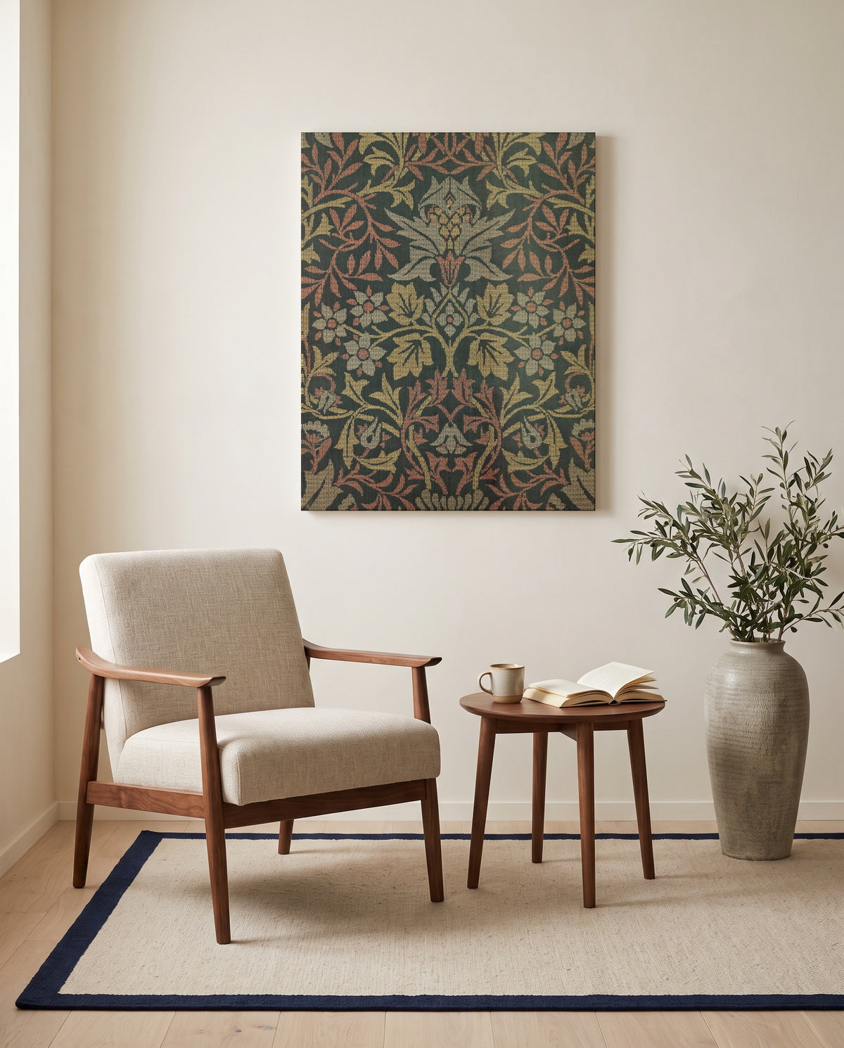 Flower Garden by William Morris as a stretched canvas above a linen lounge chair in a reading corner