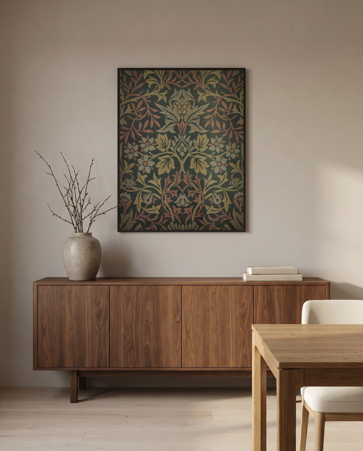 Flower Garden by William Morris in a black frame above a walnut sideboard in a dining room