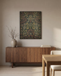 Flower Garden by William Morris in a black frame above a walnut sideboard in a dining room