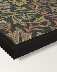 Flower Garden by William Morris framed canvas, corner close-up: a black floating frame with a shadow gap round the canvas