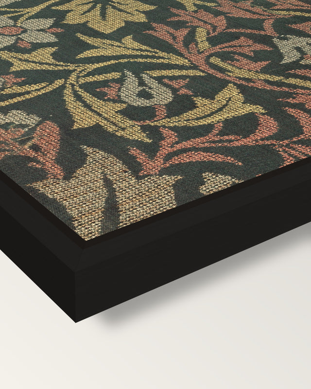 Flower Garden by William Morris framed canvas, corner close-up: a black floating frame with a shadow gap round the canvas