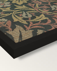 Flower Garden by William Morris framed print, corner close-up: black moulding, mitred, the print set just below its edge