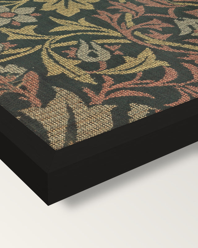 Flower Garden by William Morris framed print, corner close-up: black moulding, mitred, the print set just below its edge
