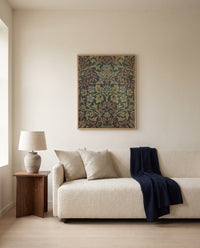 Flower Garden by William Morris framed in natural oak above a cream sofa in a warm living room
