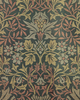 Flower Garden by William Morris: flowers and leaves woven in rose, pale blue and gold on a deep green silk ground