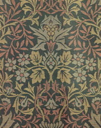 Flower Garden by William Morris: flowers and leaves woven in rose, pale blue and gold on a deep green silk ground